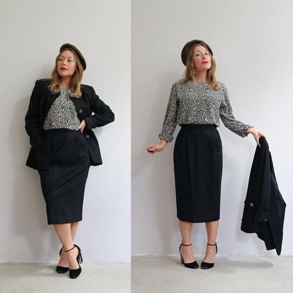 1990's Oleg Cassini Black Wool Suit Set // Women's Size Small // Structured - Picture 2 of 8